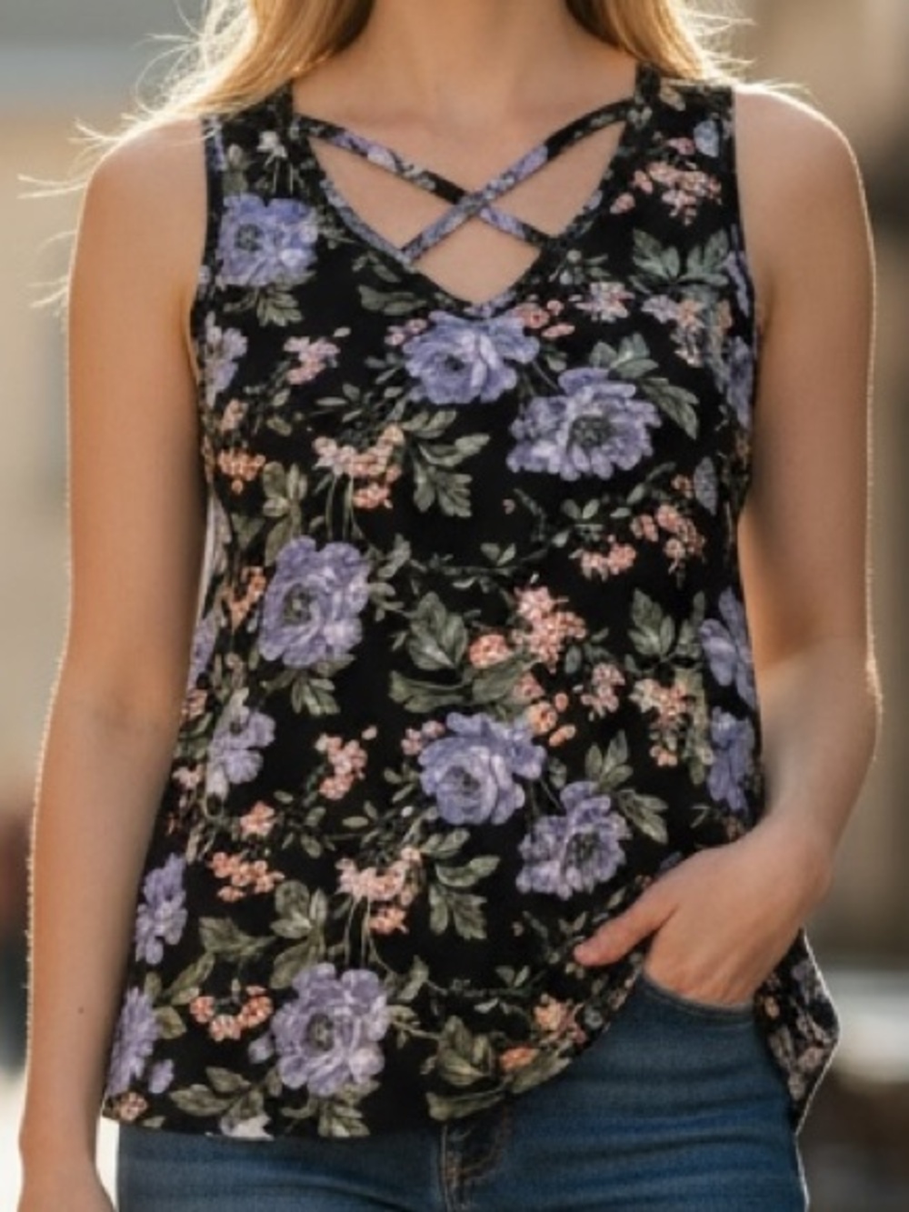 American Eagle Outfitters Black Floral Crisscross Tank Top